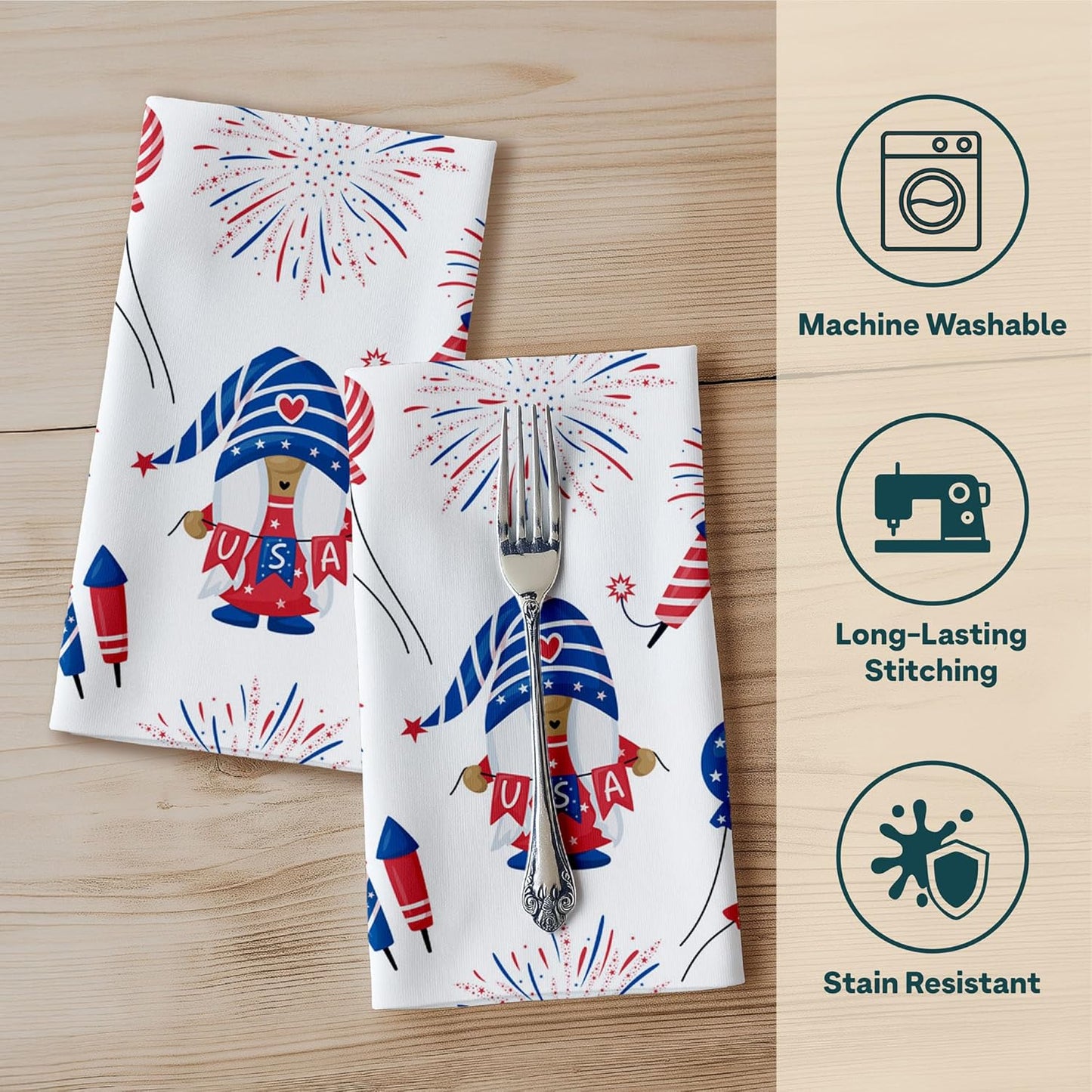 Fourth of July Gnomes Cloth Napkins | Patriotic Party Supplies | Memorial Day, Independence Day Table Decorations | Absorbent, Washable, Reusable, Stain & Wrinkle Resistant | Made in America - 12pack