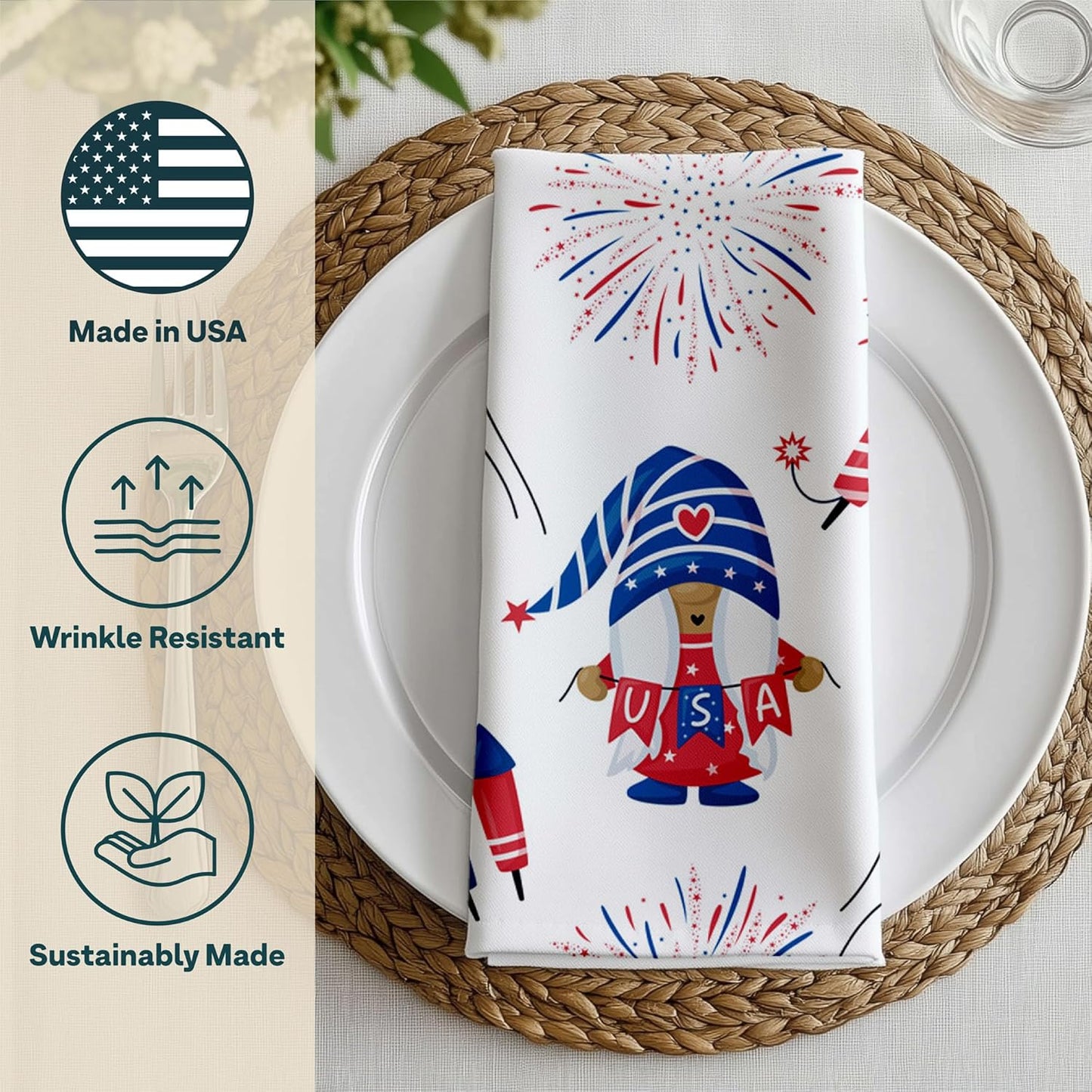 Fourth of July Gnomes Cloth Napkins | Patriotic Party Supplies | Memorial Day, Independence Day Table Decorations | Absorbent, Washable, Reusable, Stain & Wrinkle Resistant | Made in America - 12pack