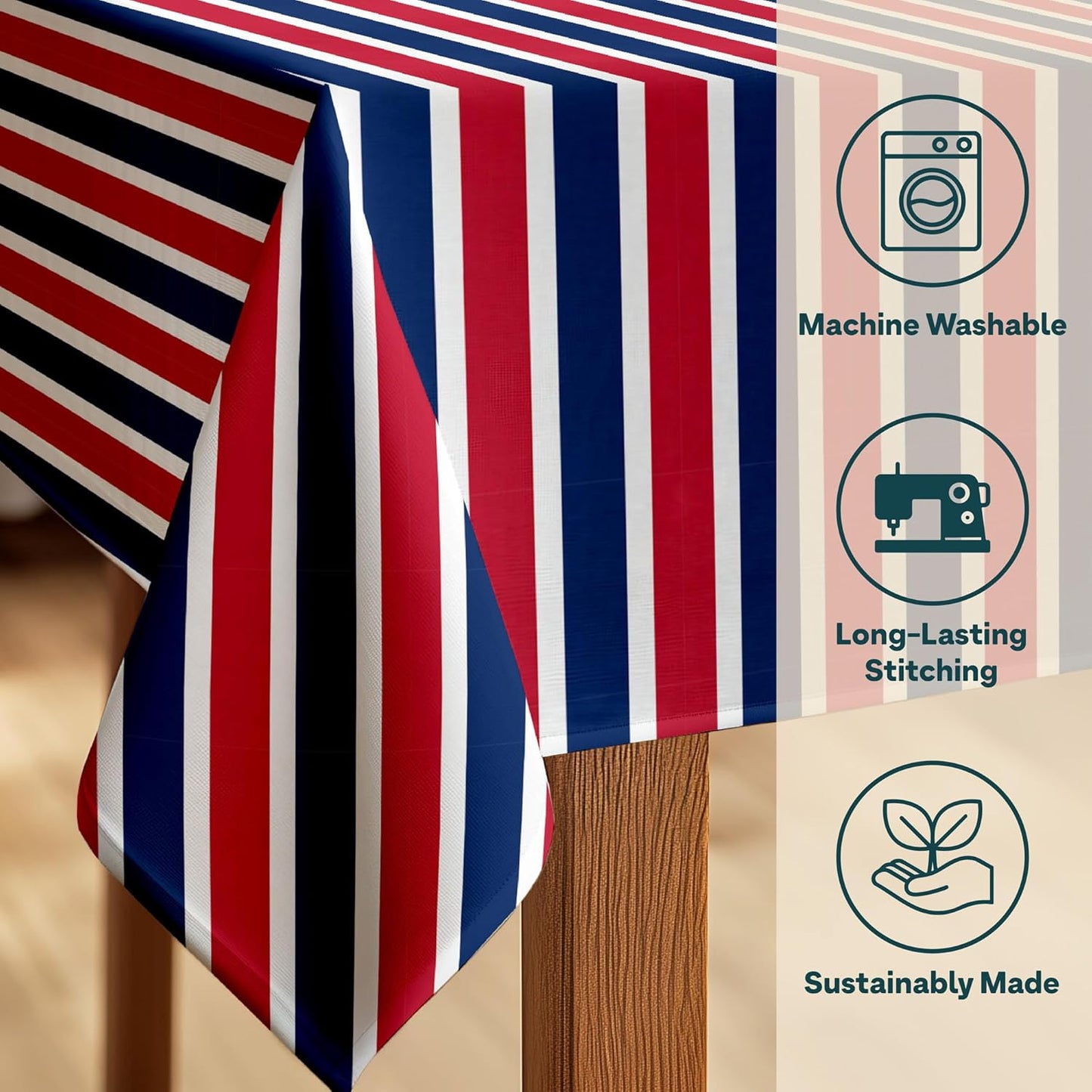 American Flag 4th of July Tablecloth | Red White and Blue Stripes | Patriotic Memorial Day, Independence Day Table Decorations | Indoor Outdoor Home Decor | Made in America - 60" x 84" Rectangular
