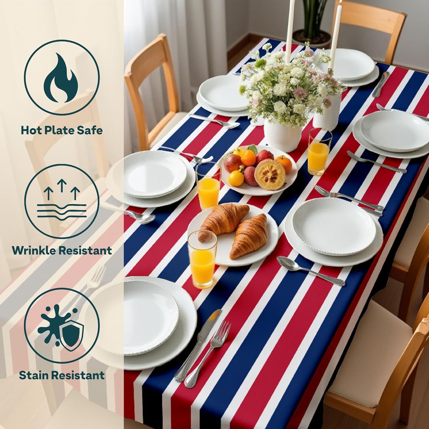 American Flag 4th of July Tablecloth | Red White and Blue Stripes | Patriotic Memorial Day, Independence Day Table Decorations | Indoor Outdoor Home Decor | Made in America - 60" x 84" Rectangular