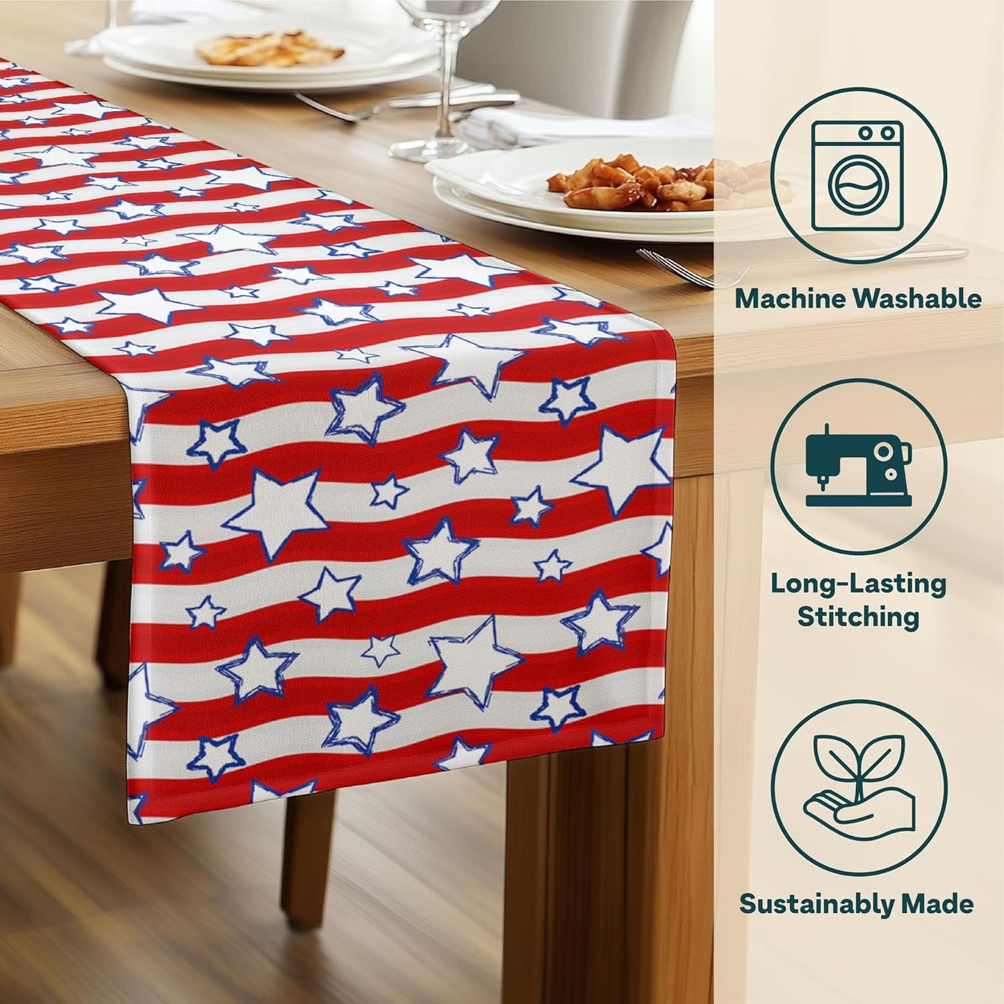4th of July Table Runner | Patriotic Red White and Blue Stars | Memorial Day, Independence Day Table Decorations | Indoor Outdoor Home Decor | Made in America - 14 x 108 Inches Long