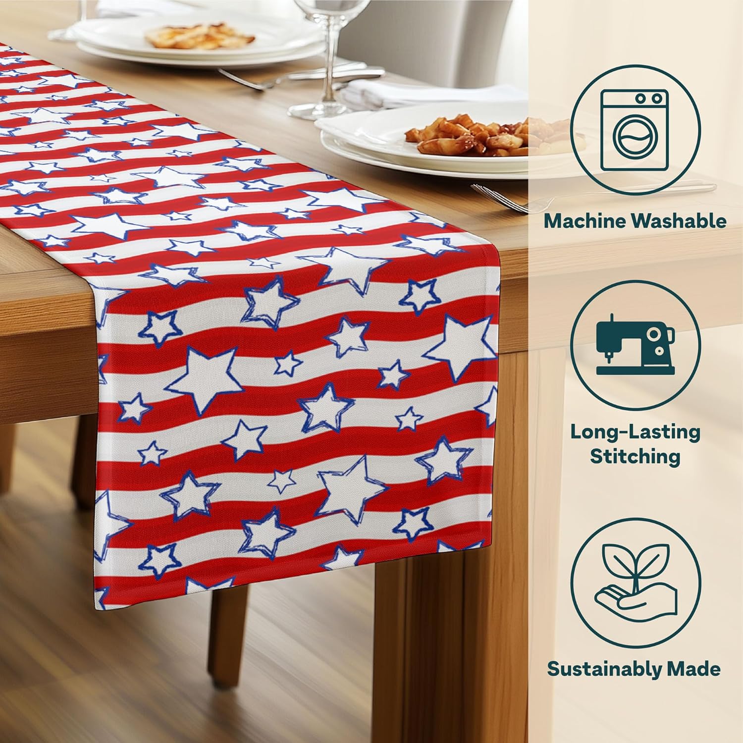 4th of July Table Runner | Patriotic Red White and Blue Stars | Memorial Day, Independence Day Table Decorations | Indoor Outdoor Home Decor | Made in America - 14 x 108 Inches Long