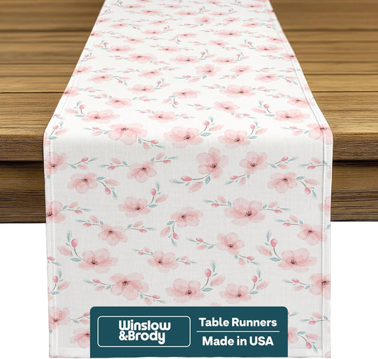 Spring Table Runners | Made in America Table Linens | Stain & Wrinkle Resistant | Seasonal Summer Spring Decorations for Home | Floral Collection - Cherry Blossoms - 14 x 108 Inches Long