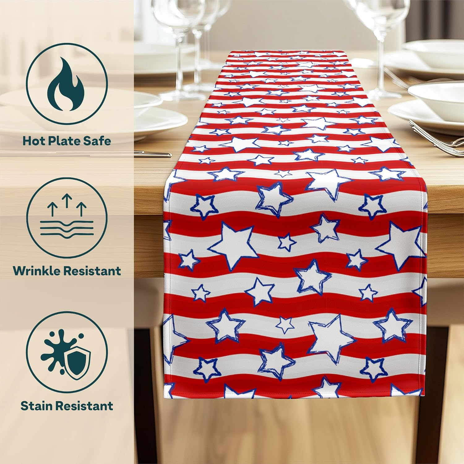 4th of July Table Runner | Patriotic Red White and Blue Stars | Memorial Day, Independence Day Table Decorations | Indoor Outdoor Home Decor | Made in America - 14 x 108 Inches Long