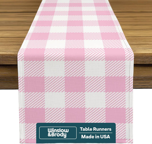 Easter Table Runners 108 Inches Long | Easy-Care | Machine Washable | Bright No-Fade Colors | Floral Spring Kitchen Dining Table Decorations for Home Party | Happy Easter Pink Tartan - 14 x 108