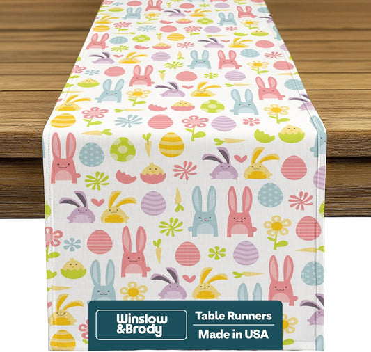 Easter Table Runners 108 Inches Long | Easy-Care | Machine Washable | Bright No-Fade Colors | Floral Spring Kitchen Dining Table Decorations for Home Party | Easter Bunny Eggs - 14 x 108