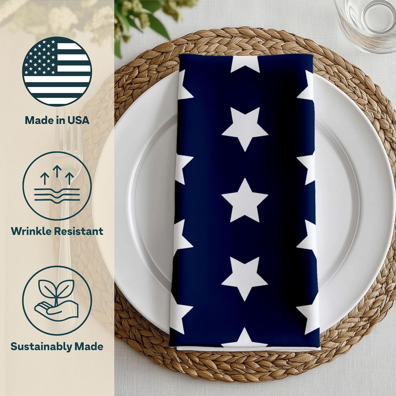 4th of July Cloth Napkins | Ol' Glory Blue Patriotic Supplies | Memorial Day, Independence Day Table Decorations | Absorbent, Washable, Reusable, Stain & Wrinkle Resistant | Made in America - 12pack