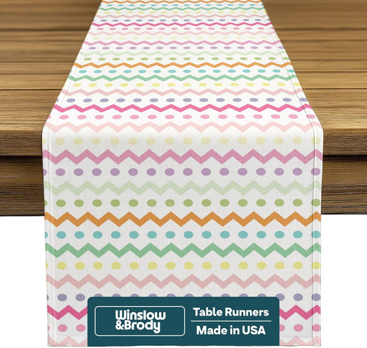 Easter Table Runners 108 Inches Long | Easy-Care | Machine Washable | Bright No-Fade Colors | Spring Pink Kitchen Dining Table Decorations for Home Party | Easter Chevron & Dots - 14 x 108