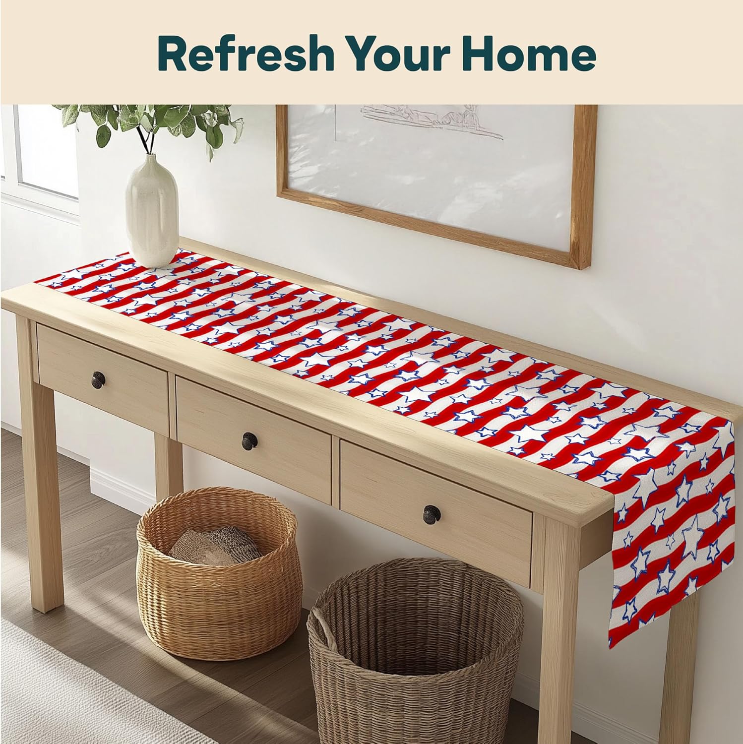 4th of July Table Runner | Patriotic Red White and Blue Stars | Memorial Day, Independence Day Table Decorations | Indoor Outdoor Home Decor | Made in America - 14 x 108 Inches Long