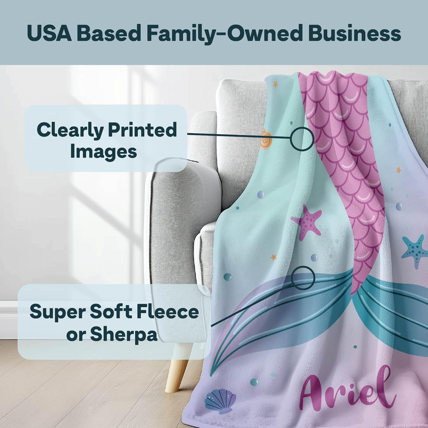 Mermaid Tails Soft Plush Blanket - Girls' Little Mermaid Gift - Birthday Party - Fleece & Sherpa Throw (30"x40")