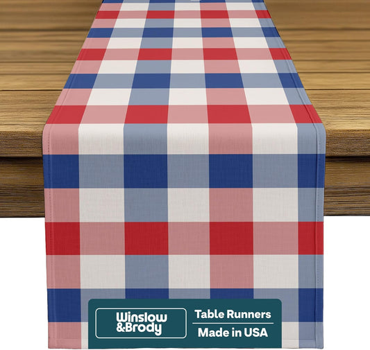 Red White and Blue Plaid Table Runner | Checkered Linen Fourth of July Table Decorations | Gingham Summer Home Party Dining Room Décor | Made in America - 14 x 108 Inches Long