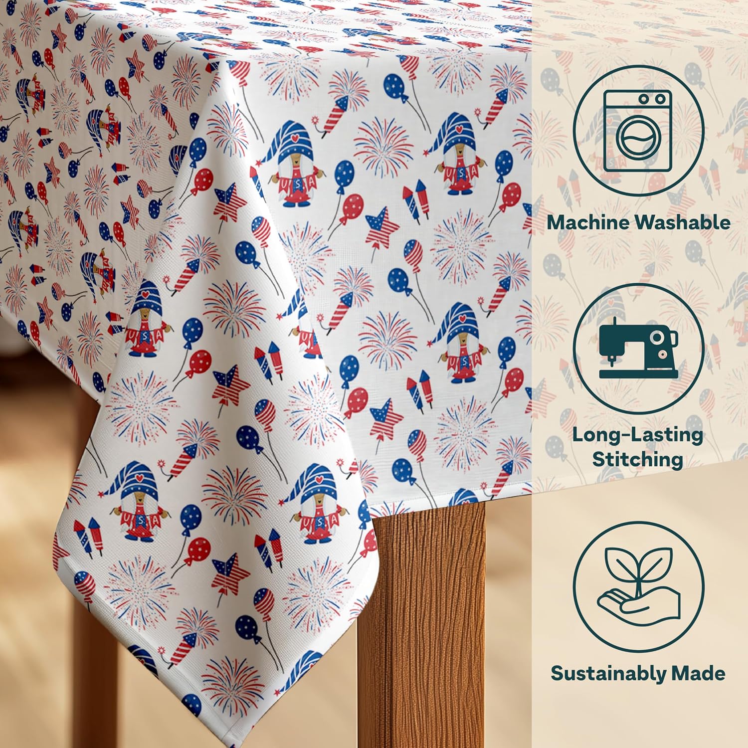 Winslow & Brody Fourth of July Tablecloth | Gnome Stars Patriotic America | Memorial Day, Independence Day Table Decorations | Indoor Outdoor Home Decor | Made in America - 60" x 84" Rectangular