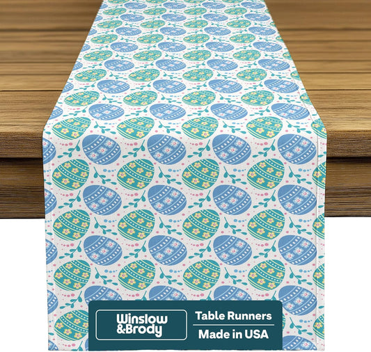 Easter Table Runners 108 Inches Long | Easy-Care Stain & Wrinkle Resistant | Machine Washable | Bright No-Fade Colors | Easter Table Decorations for Home Party Decor | Blue Easter Eggs - 14 x 108