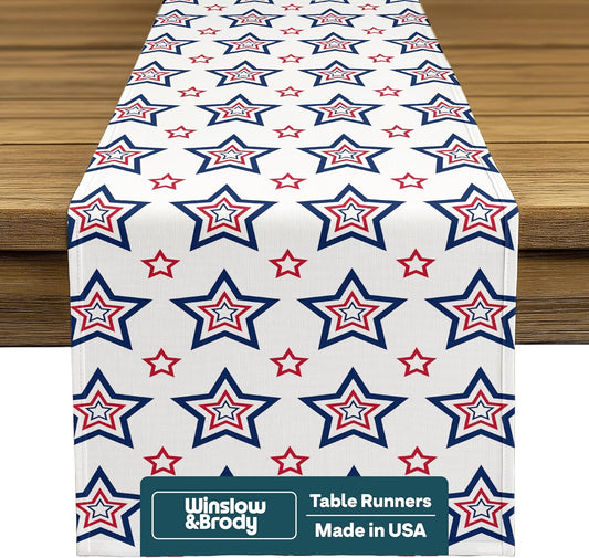 Patriotic 4th of July Table Runner | Red White and Blue Stars | Memorial Day, Independence Day Table Decorations | Indoor Outdoor Home Decor | Made in America - 14 x 108 Inches Long