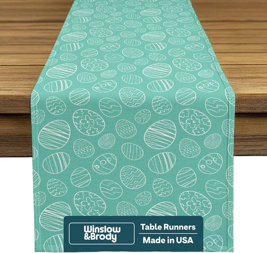 Easter Table Runners 108 Inches Long | Easy-Care | Machine Washable | Bright No-Fade Colors | Floral Spring Kitchen Dining Table Decorations for Home Party | Hand Drawn Teal Eggs - 14 x 108