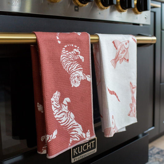 Microfiber Kitchen Towels 2-Pack | Soft and Compact Dish Towels | Super Absorbent Yet Quick-Drying Waffle Weave | Koi and Tigers