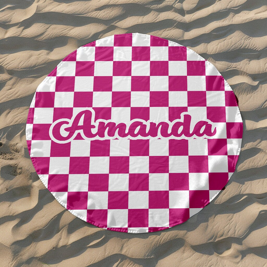 Personalized  Retro Checkered Beach Towel, Custom Name Pool Towel, 60" Round Beach Towel, Personalized Gift for Toddlers/Kids/Adults