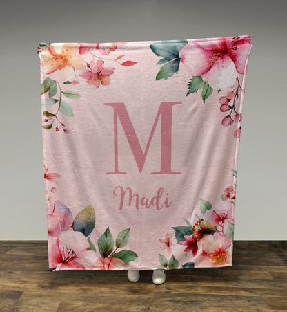 Monogram Floral Blanket, Floral Baby Blanket, Personalized Custom Name Blanket, 3 sizes Fleece/Sherpa, Baby/Girl/Boy/Adult Blanket