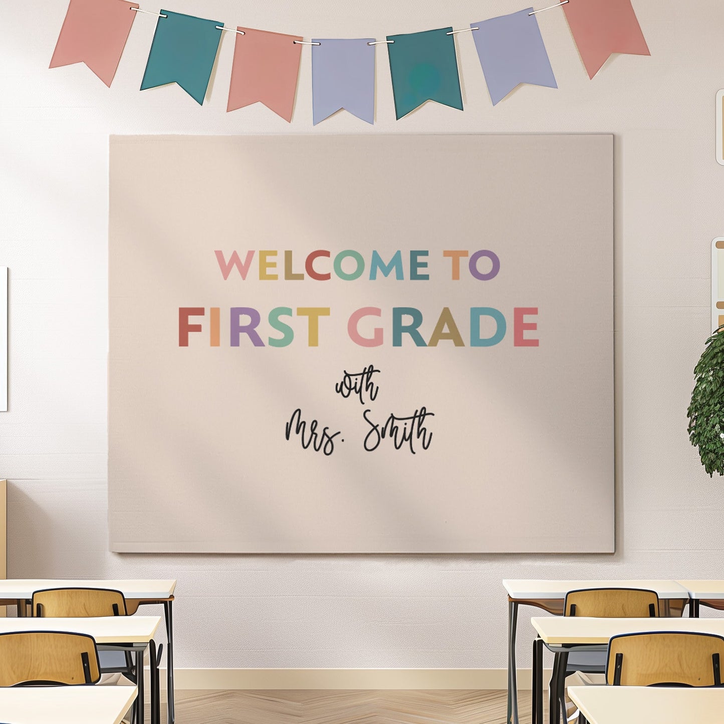 Customized Back to School Banner, Gift for Teacher, Classroom Decor, First Day of School Backdrop, Multiple Sizes and Built-In Hang Ties