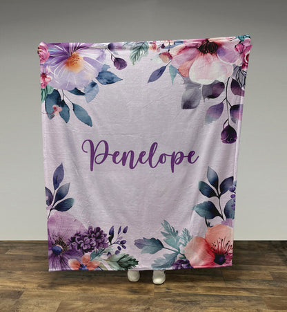 Custom Floral Name Blanket, Floral Baby Blanket, Personalized Custom Name Blanket, 3 sizes Fleece/Sherpa, Baby/Girl/Boy/Adult Blanket