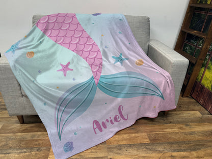 Custom Mermaid Tail Blanket, Mermaid Name Blanket, Girl Blanket Gift, Baby Blanket Gift, Kids Blanket, Personalized Gift, Gift for Her