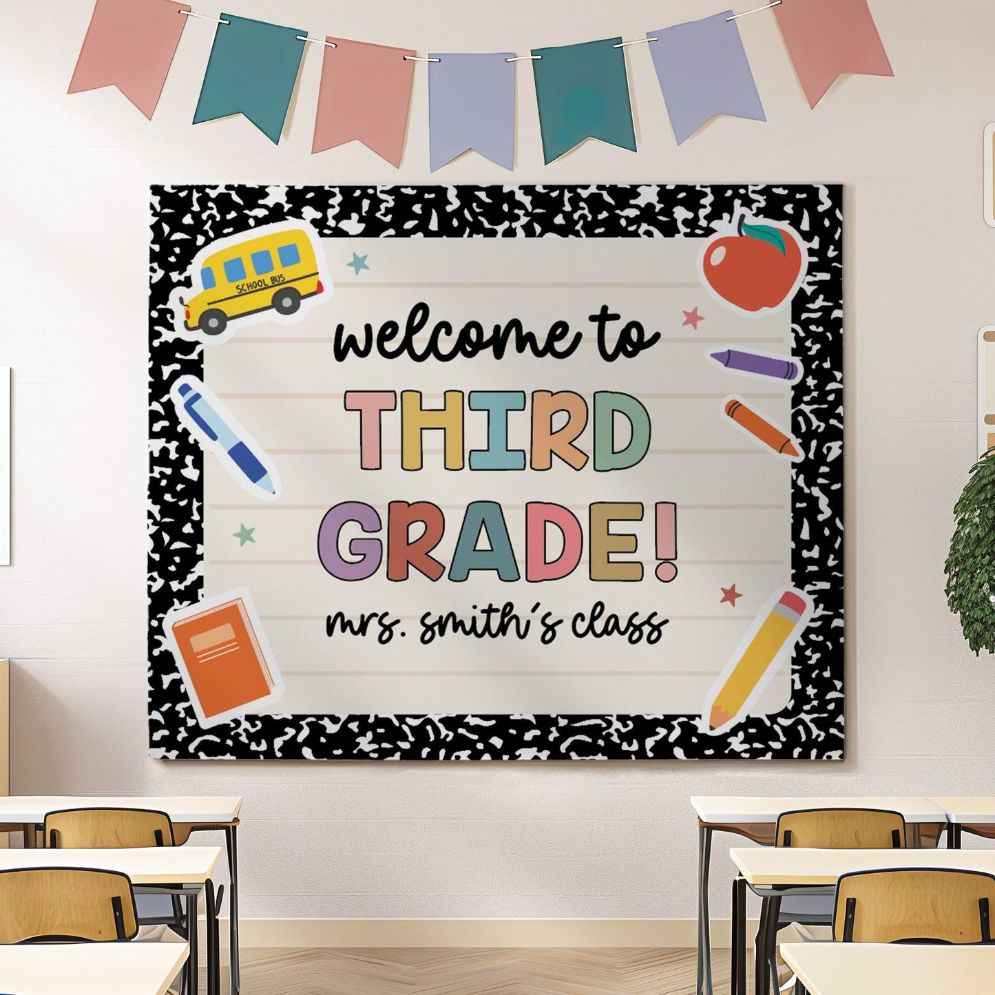 Custom Back to School Banner, Gift for Teacher, Classroom Decor, First Day of School Backdrop, Multiple Sizes and Built-In Hang Ties