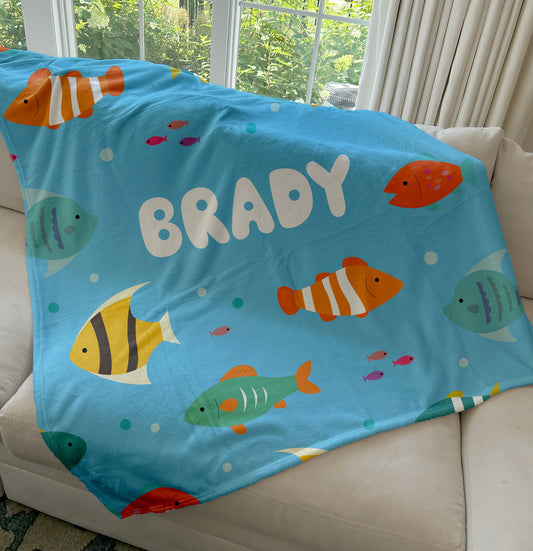 Personalized Kids Fish Blanket, Add a Name, Boy Blanket, Baby Blanket, Kids Blanket, Personalized Gift, Gift for Baby and Toddlers