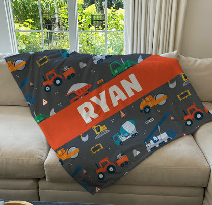Personalized Kids Blanket with Construction Trucks, Boy Blanket, Baby Blanket, Kids Blanket, Personalized Gift, Gift for Baby and Toddlers